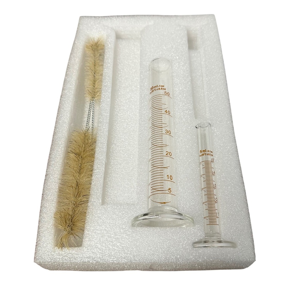 Graduated Cylinder Set Lab Glass 50ml 5ml Clear New With Brush Foam